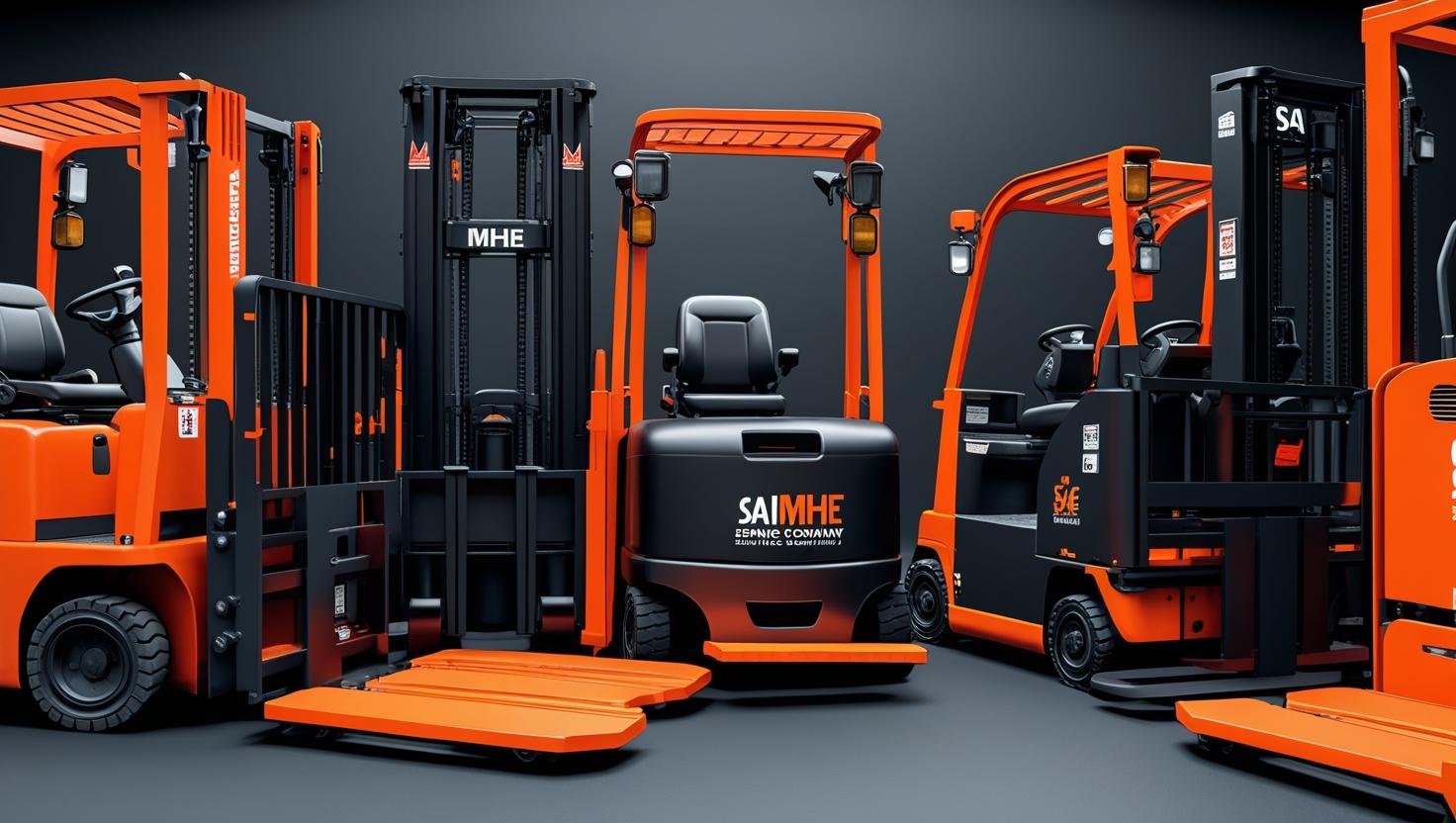 generate an image for warehouse equipments with the color combinaton blac and orange copmany name SAI MHE SERVICE bit black masked image